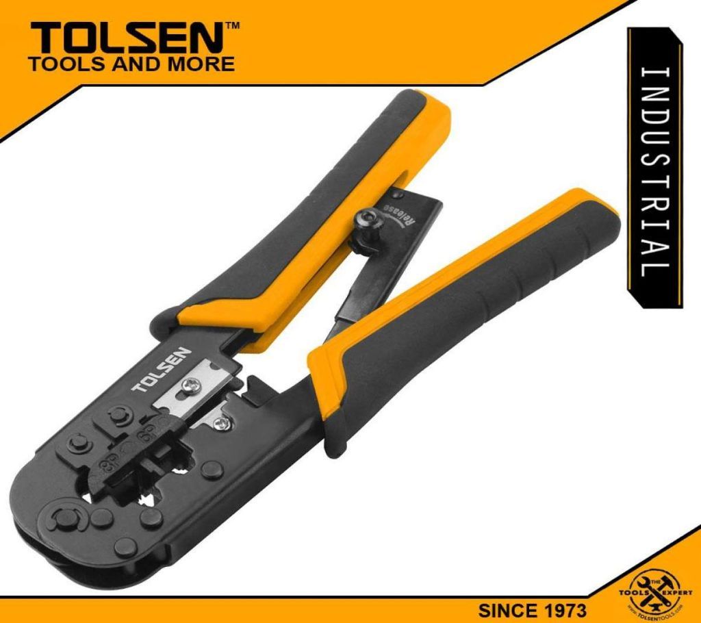 TOLSEN Ratchet Modular Crimping Pliers with round cable stripper (7.3/185mm 8P/6P) Industrial Grade 38054