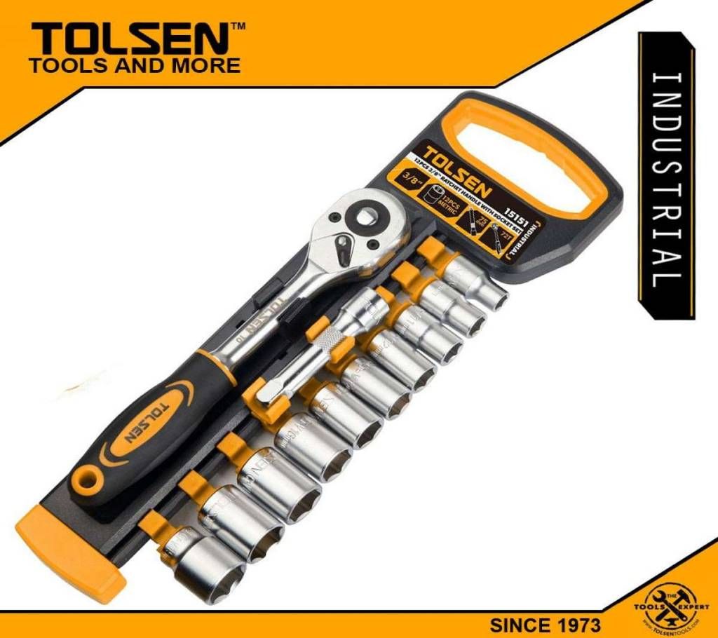 TOLSEN 12 Pcs 3/8" Ratchet Handle with Socket Set Industrial Series 15151