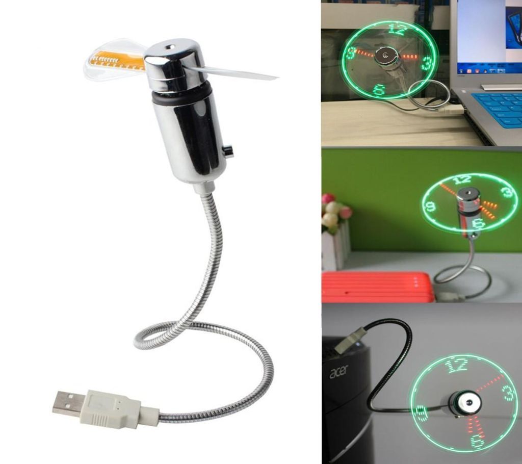 Portable Mini Home Office Flexible Gooseneck USB LED Clock Fan For PC Notebook