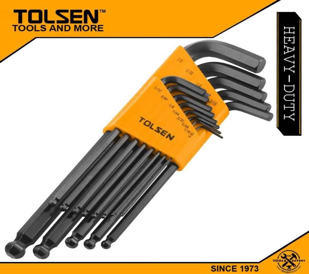 TOLSEN 13PCS Ball Point Long Arm Allen Hex Key Set (Inches) Black Finish 20090