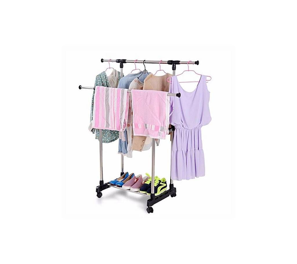 Folding Double Clothes and Shoe Rack - Silver