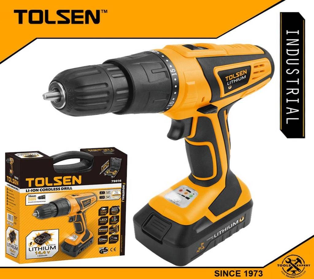 TOLSEN Industrial LI-ION Cordless Drill w/ 2 Battery, Hard Case & 13pcs Accessories (14.4V) GS & TUV Approved 79016