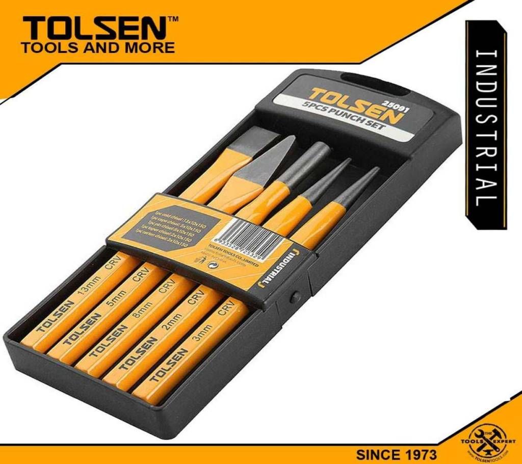 TOLSEN Industrial 5pcs Powder Coated Punch Tool Set with Case (HRC56-62) 25091