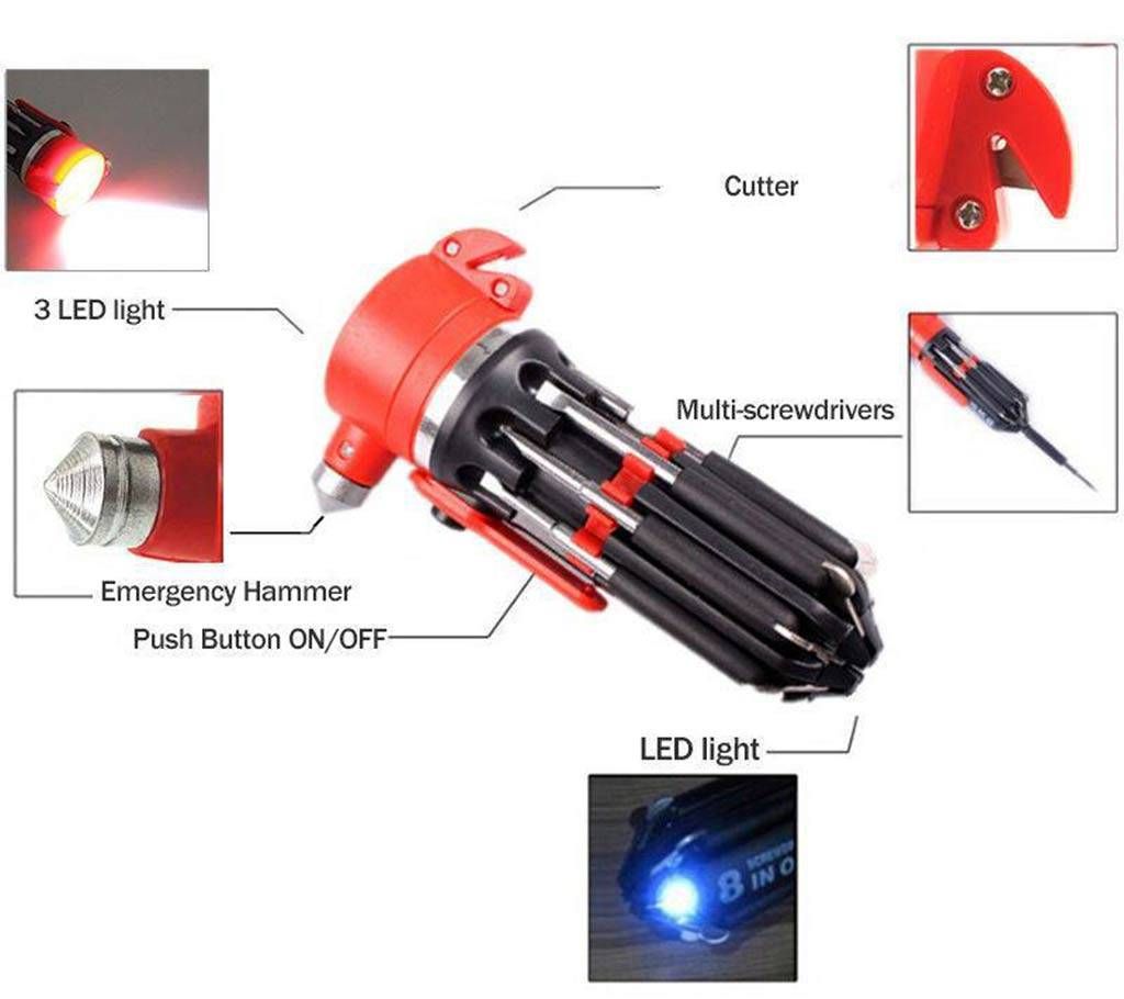 8 in1 Multi-functional Screwdriver Set with Hammer & Torch 

Key Features
8 in1 Multi-functional LED Torch Screwdriver Set Repair Hand Tool Safety Hammer
Type: Hand Tools, Screwdrivers, flashlight & Hammer
Color: Multicolour
