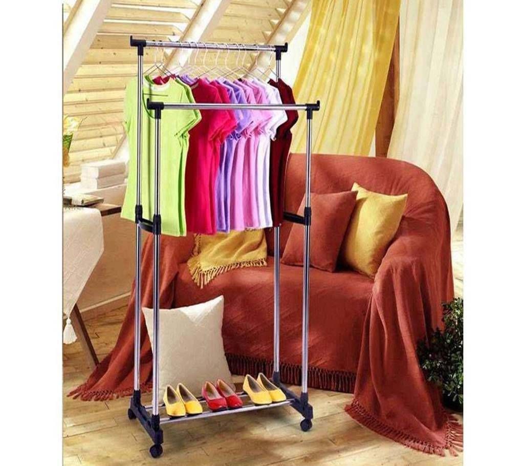 Foldable Double Clothe's Rack and Shoe Rack - Silver