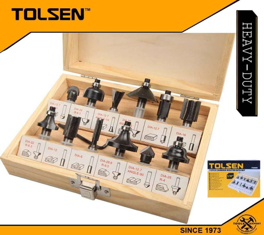 TOLSEN 12pcs Carbide Router Bit Set with Wood Case Box (1/4") 75680