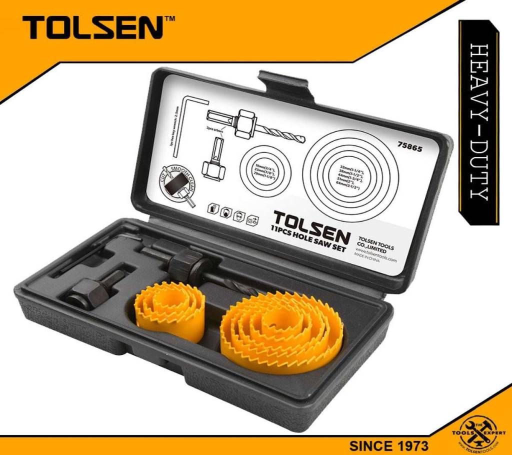 TOLSEN 11pcs Hole Saw set Pilot Drill Bit Kits for Plywood Drywall Wood Plastic 75865