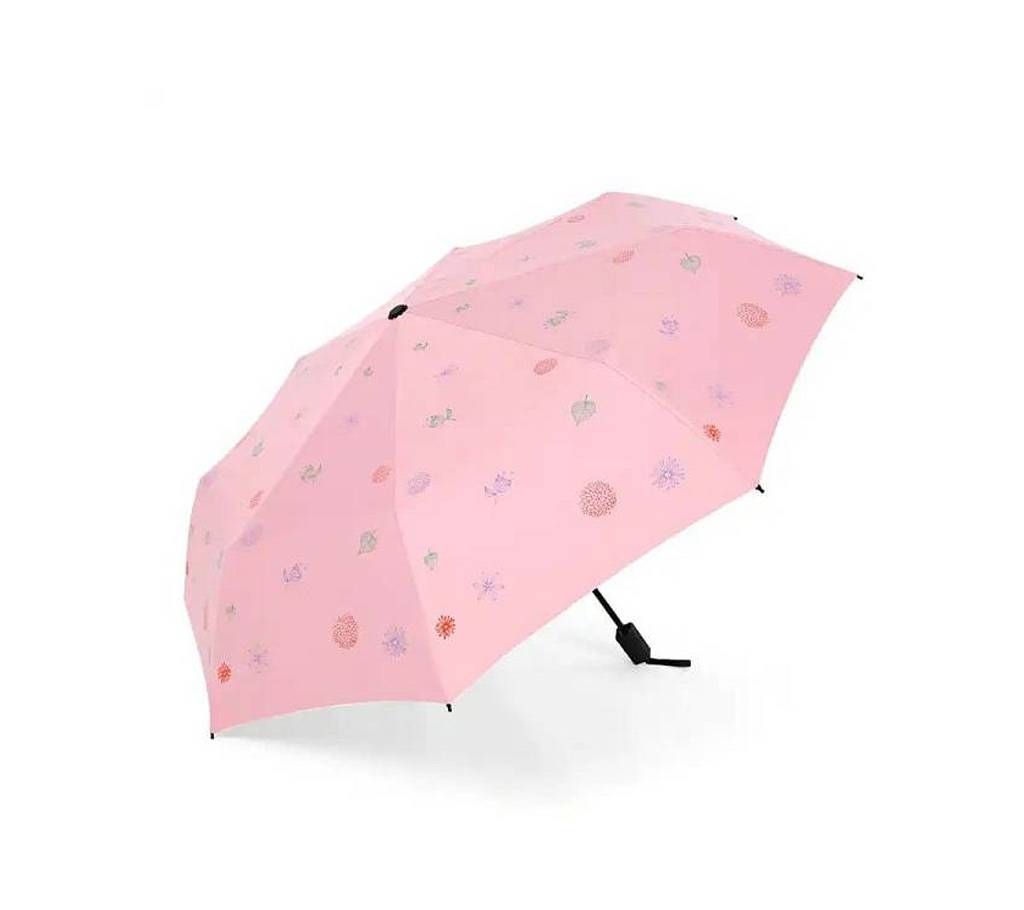 Stylish Sun & Rain Dual Protection Umbrella for Female- Pink with Floral Design
