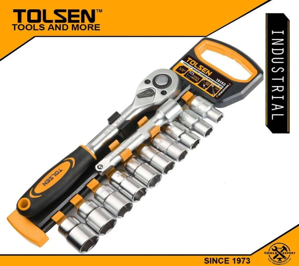 TOLSEN 12Pcs Quick Release Reversible Ratchet Handle w/ Socket Set (1/2" Drive) Industrial Series 15152