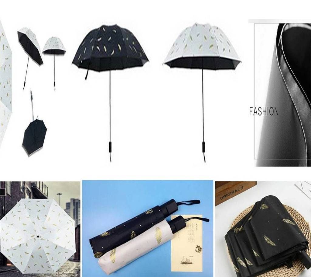 Black Feather Design Portable Compact Folding Travel Umbrella