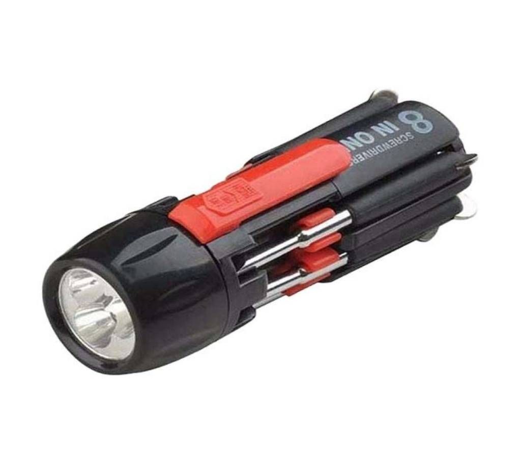 (8-In-1) Multipurpose Screwdriver Set With Torch Light - Black and Red