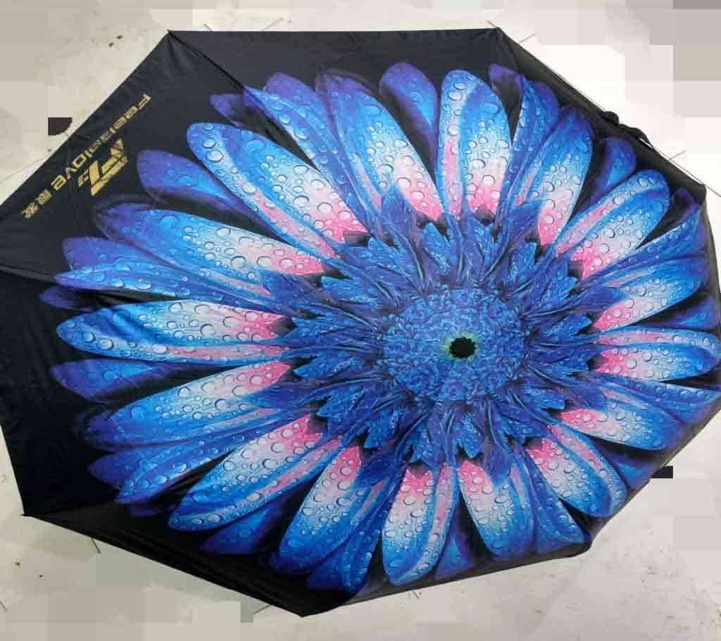3D Flower Print Umbrella - Blue & Black