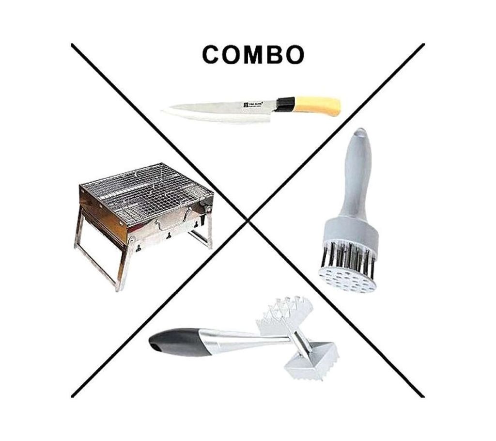 Kitchen Knife, Meat Tenderizer, Meat Hammer and Barbecue Grill combo - Silver