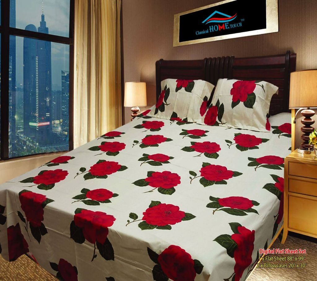 White bed sheet with red rose