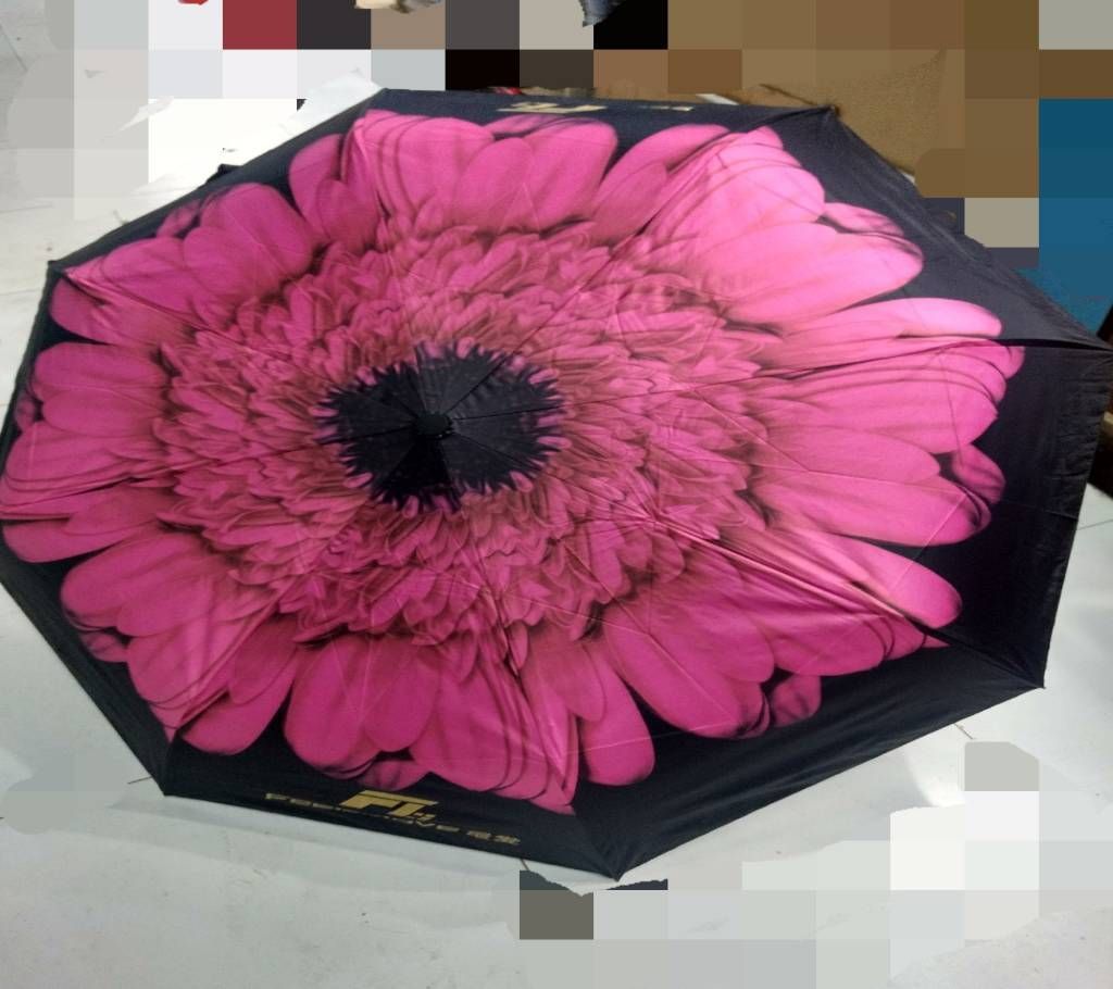 3D Flower Print Umbrella - Pink & Black 02