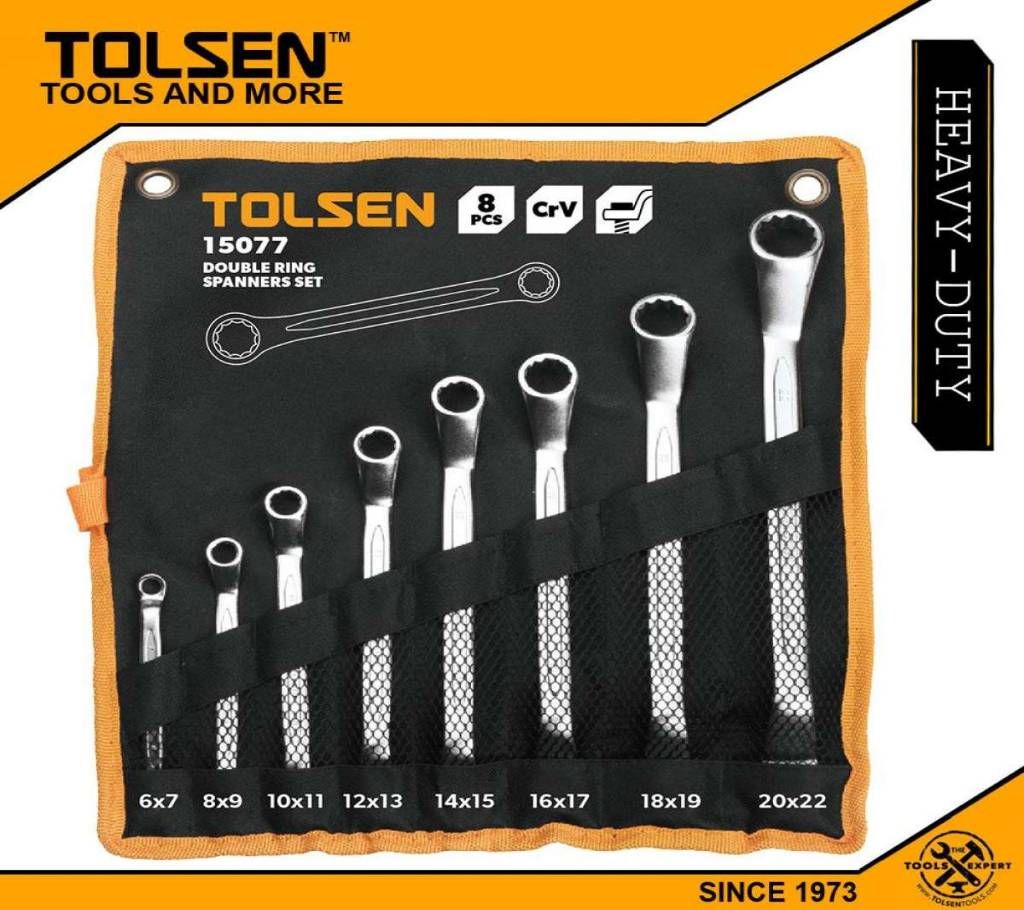 TOLSEN 8Pcs Double Ring End Spanner Set (6×7, 8×9, 10×11, 12×13, 14×15, 16×17, 18×19, 20x22mm) 15077