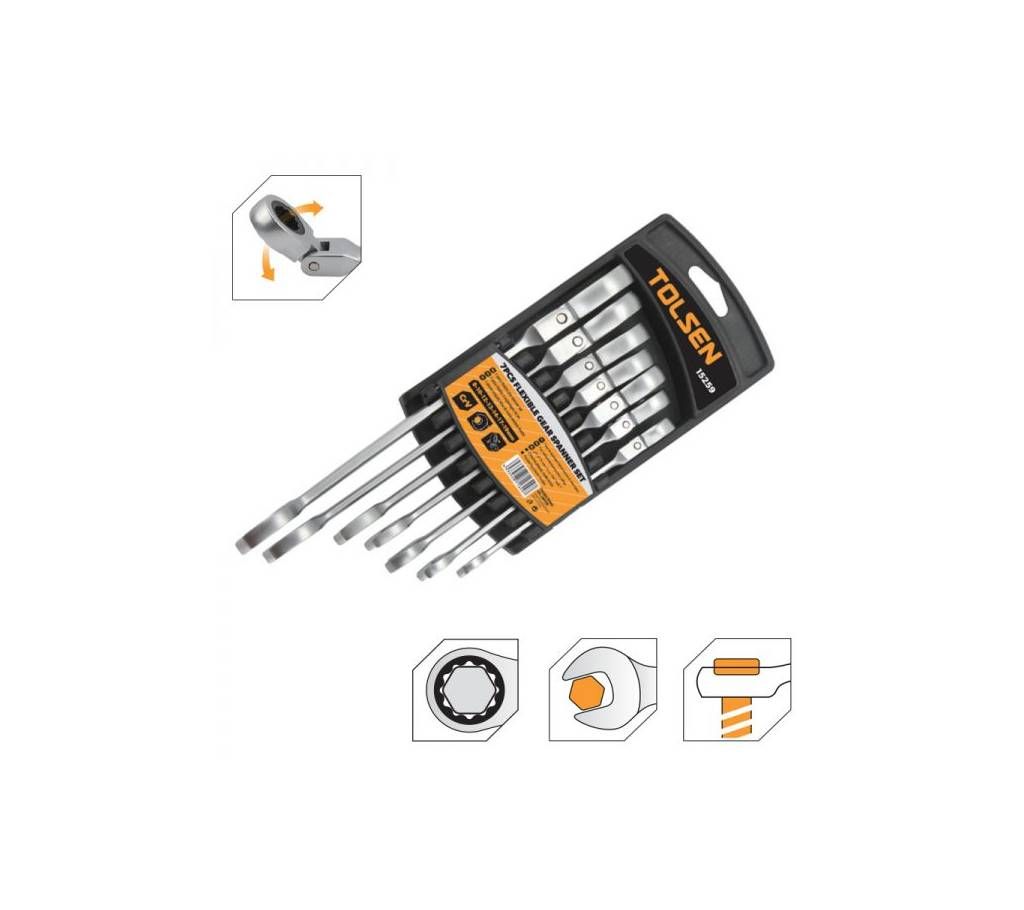 TOLSEN 7Pcs Flexible Gear Head Combination Ratchet Spanner Set (8, 10, 12, 13, 14, 17, 19mm) 15259