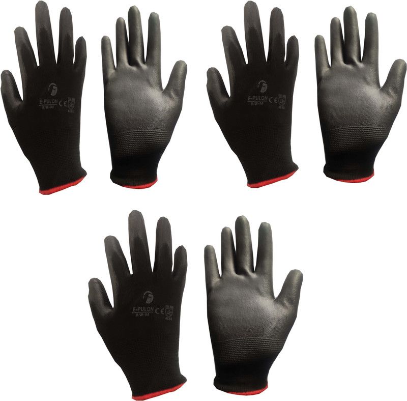 MIDAS BLACK PU Coating, safety gloves pack of 3 pair Polyester Safety Gloves  (6)