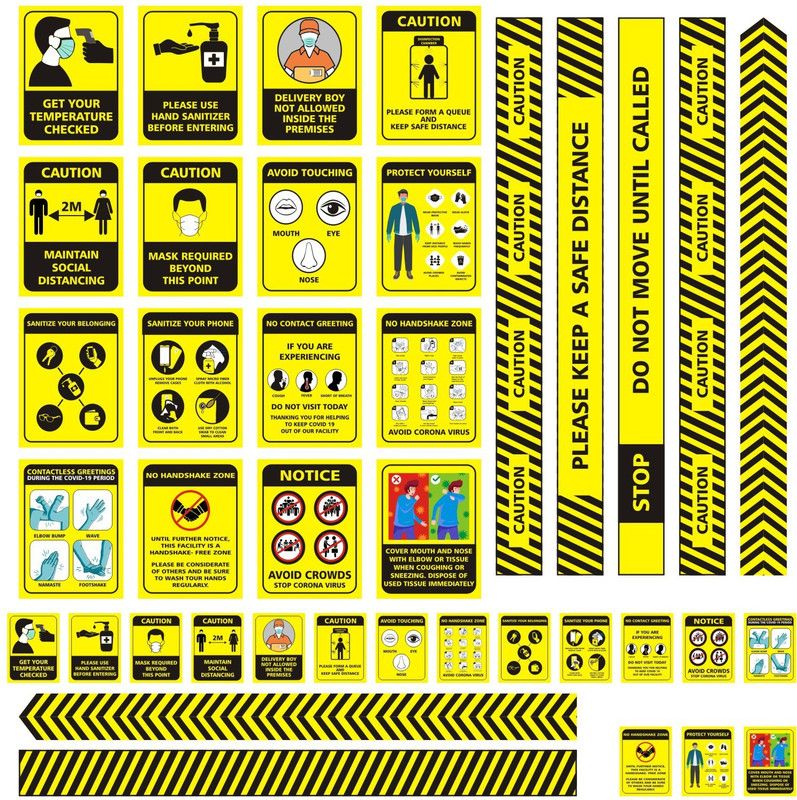 WALL STICKS Wear Mask, Use Hand Sanitizer, Check Your Body Temperature, No Hand Shake Zone, Avoid Crowed, Hand Wash, Contact less greeting, Avoid To Touch Eye Mouth Nose, Protect yourself Emergency Sign