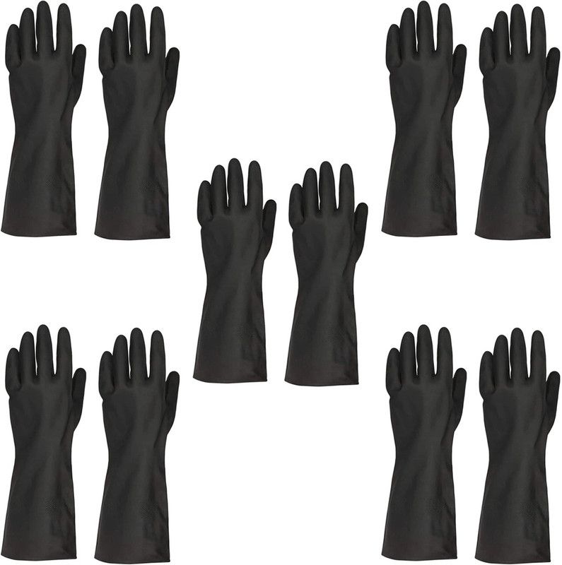 SEE INSIDE Strong Durable Flock line Reusable Rubber Black Gloves 5 Pair Rubber Safety Gloves  (10)