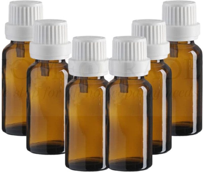 HOMEOTRADE Amber Glass Bottles for Essential Oils 8PCS 10mL Dropper WHITE FLAT Cap Laboratory Dropper Bottle  (Glass 10 ml Pack of8)