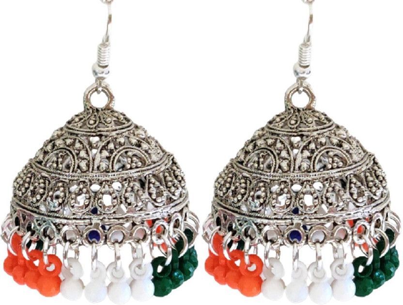 Indian National Flag Color Tricolor Tiranga Traditional Designer Oxidised Jhumki Jhumka Earrings For Independence And Republic Day Beads German Silver, Plastic, Brass, Metal Jhumki Earring