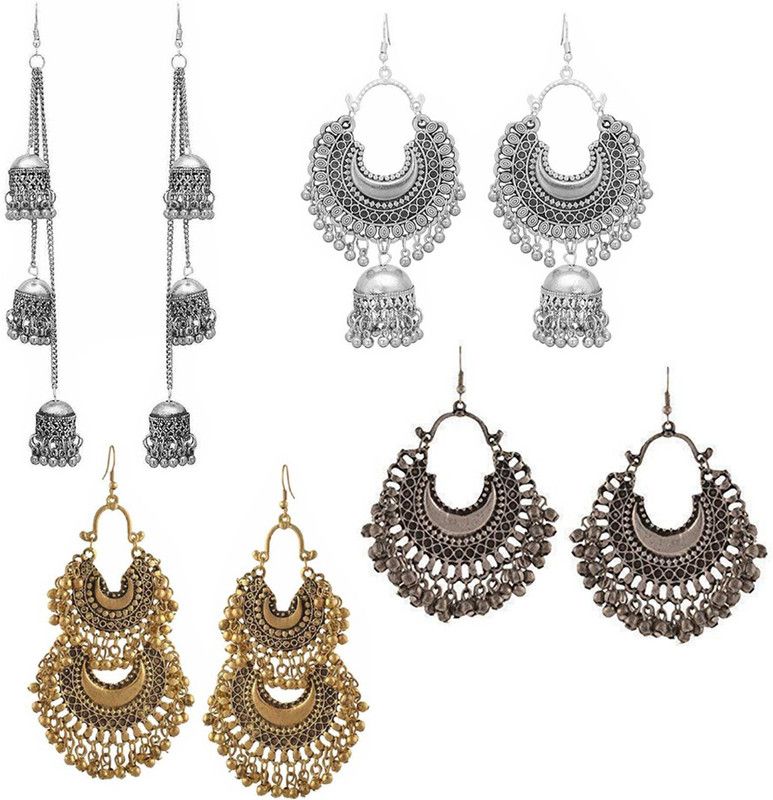 Combo of 4 Golden and Silver layered and hanging Chandbali Jhumki Earrings Alloy Jhumki Earring