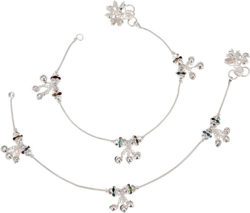 Beadworks Women and Girls Silver Plated White Metal Gunghroo Payal Anklets Indian Traditional Ethnic Fashion Foot Jewellery Artificial Alloy Anklet Alloy, Copper, Metal, Brass Anklet  (Pack of 2)