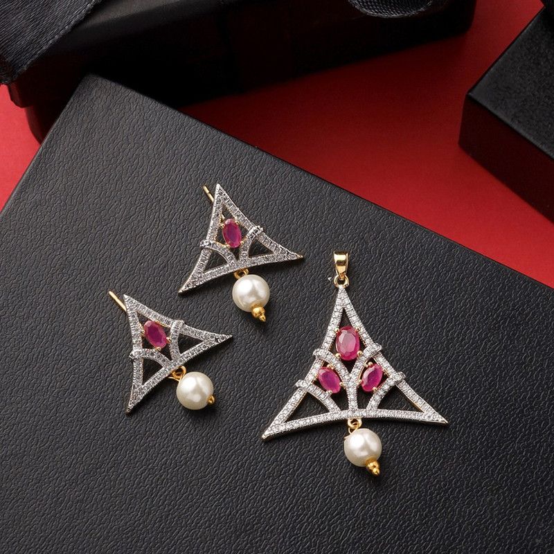 Geometric Pink CZ Pendant Set Gold-plated Brass Pendant Set