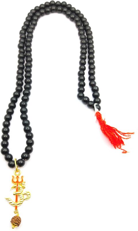 Raviour Lifestyle Om Shiv Mahakal Trishul With Rudraksha Pendant With Black Hakik Agate 108 beads Mala For Lord Mahadev Blessing And Good Health Agate Silk Dori Chain
