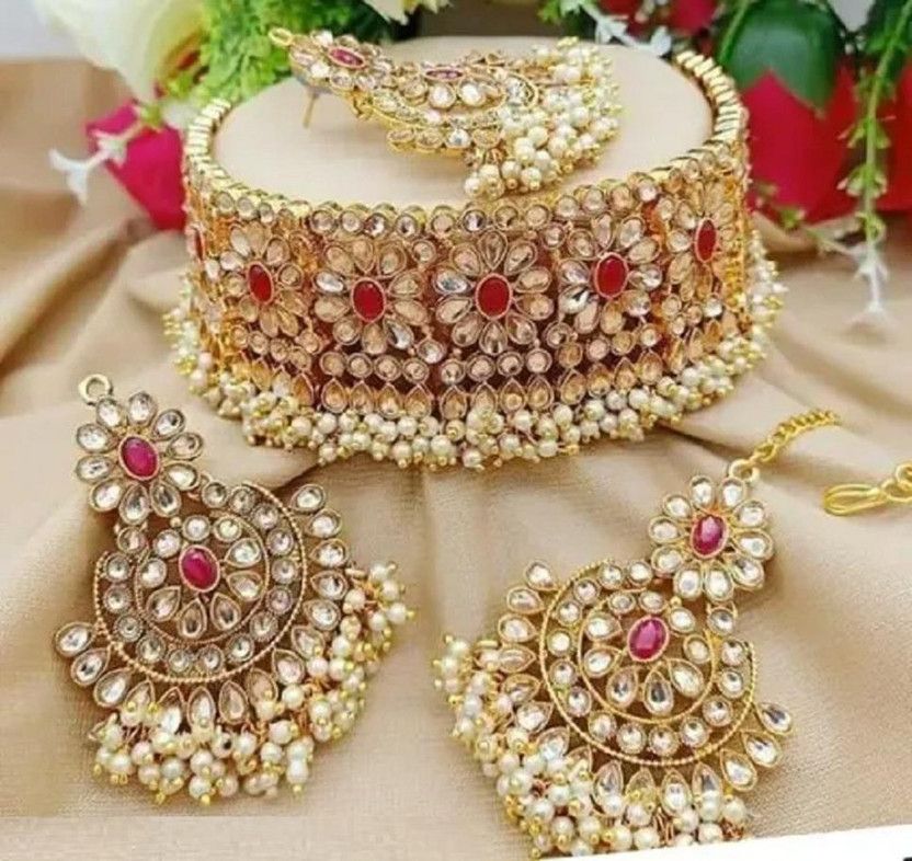 Alloy Gold-plated White, Ruby Red Jewel Set  (Pack of 1)