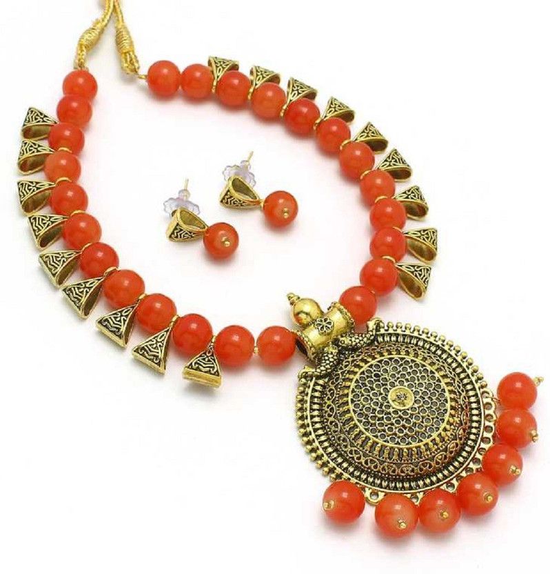 Alloy Gold-plated Gold, Orange Jewel Set  (Pack of 1)