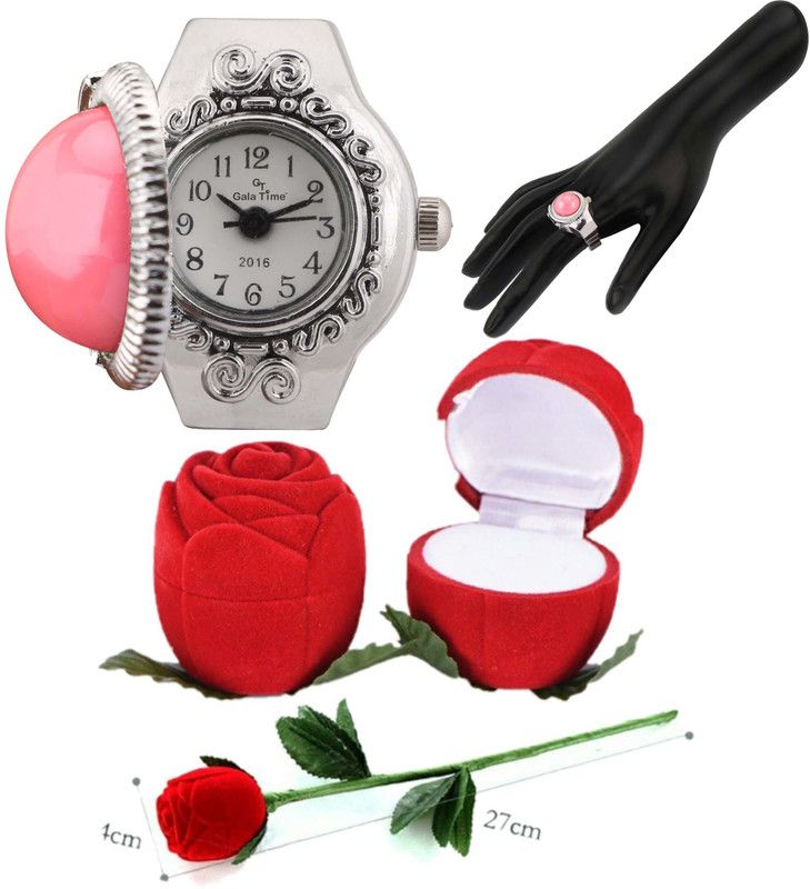 Pink Round Stone Finger Ring Watch Red Rose Velvet Box Valentines day Gift Woman Stainless Steel Rhodium Plated Ring