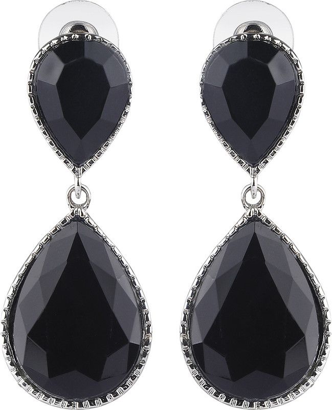 Twin Black Drop Earrings Natural Stone Copper Alloy Drop Hook Earrings - Made in India Fashion Jewelry Earrings for Girls & Women's - Black Alloy Drops & Danglers