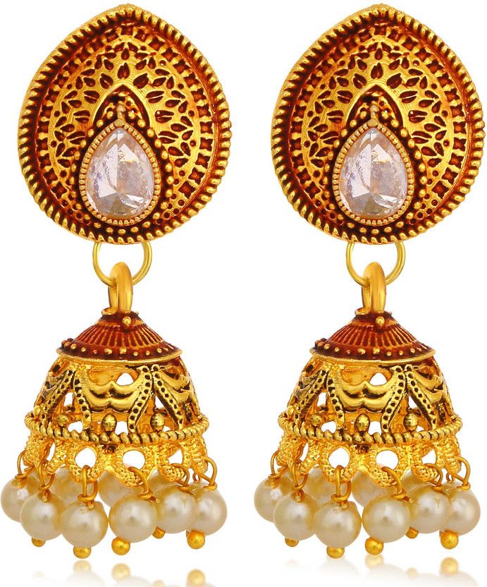 Fascinating Gold Plated Pearl Red Mint Meena Collection Jhumki Earring Diamond Alloy Jhumki Earring