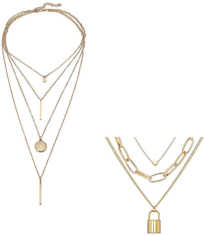 Pack of 2 Lavish Gold Plated Layered Star Coin Line & Heart Lock Pendants Necklace For Women And Girls Gold-plated Plated Alloy Layered