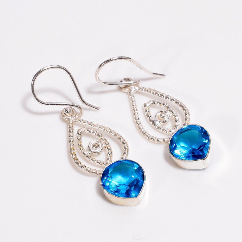 Swiss Blue Topaz Heart Ethnic Handmade 925 Sterling Silver Earrings 2" SE-127 Topaz Sterling Silver Drops & Danglers