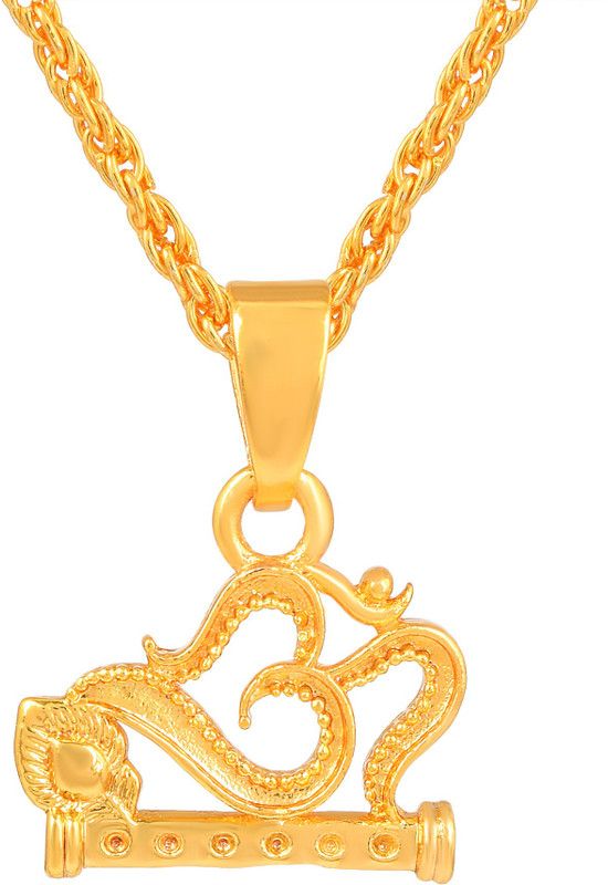 Gold Plated With Enamel Peacock Feather Om With Flute Necklace For Unisex Gold-plated Brass Pendant