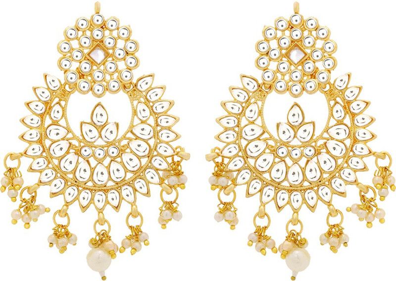 Ethnic Gold Plated Kundan Studded Pearl Dangler Chandbali Earrings for Women and Girls Pearl Copper Chandbali Earring