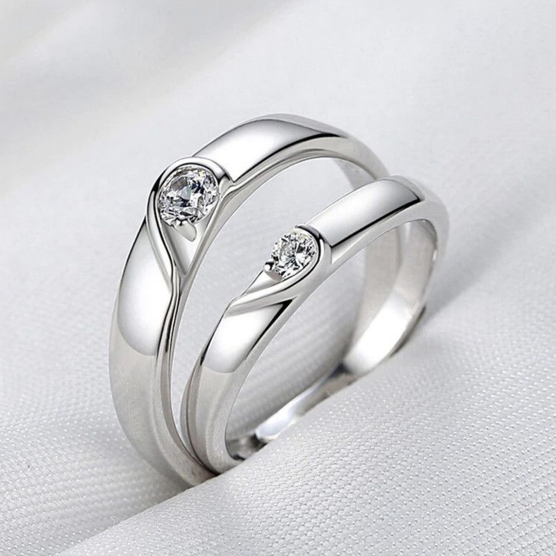 Adjustable Heart couple ring set for lovers valentine gift set Stainless Steel Zircon Sterling Silver Plated Ring Set