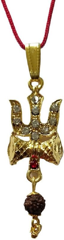 Brass Gold Plated Lord Shiv Trishul Damru Pendant Locket with Rudraksha Zircon Beads for Men and Women Gold-plated Zircon Brass Pendant
