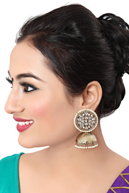 Mehandi Plated Kundan Peal Metal Jhumki Earring