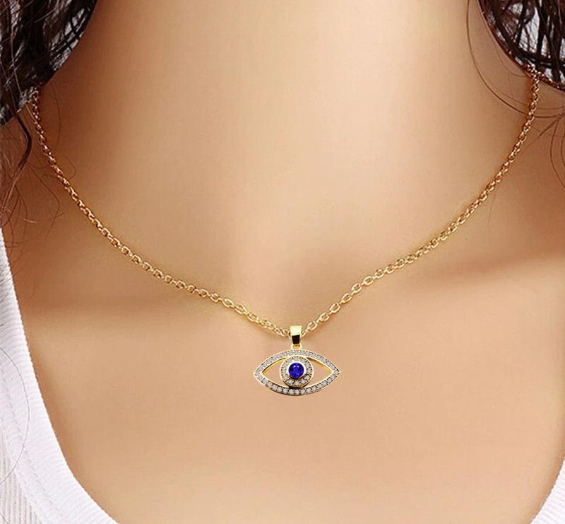 Golden AR0395-5 Valentine's Day AD Blue Diamond Evil Eye Locket Pendant Necklace Gold-plated Stainless Steel Locket Set
