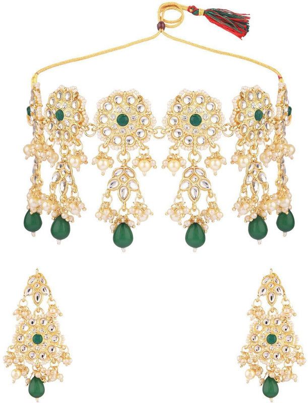 Alloy Gold, Green, White Jewel Set  (Pack of 1)