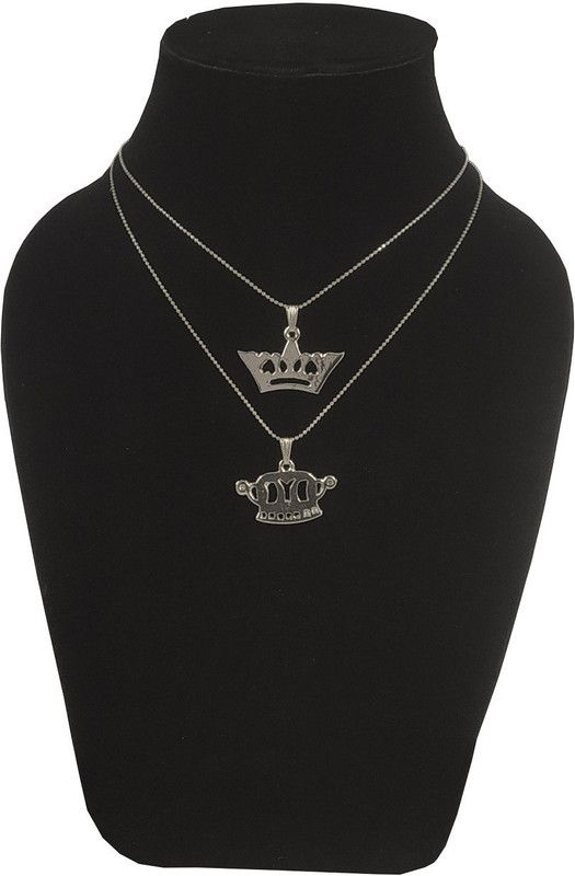 JAR0158-01 Stylish & Fancy Trending Valentine's Day Special Metal Stainless Steel King Crown And Queen Crown Logo Romantic Love Couple 2 In 1 Locket Pendant Necklace With Chain For Boy's And Girl's Gift Jewellery Set Silver Stainless Steel