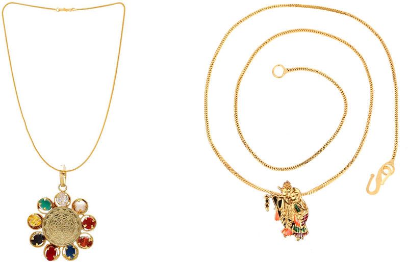 Religious Locket, Navratan Pendant Locket, Radha Krishna Locket with Brass Chain Gold-plated Plated Brass, Metal Chain