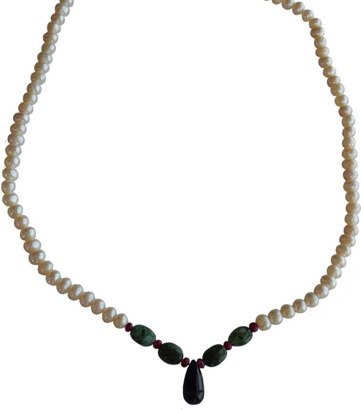 Real Freshwater Pearl, Drop Sapphire, Oval Emerald & Ruby Beads Necklace for Women Pearl, Emerald, Sapphire, Ruby Metal Necklace