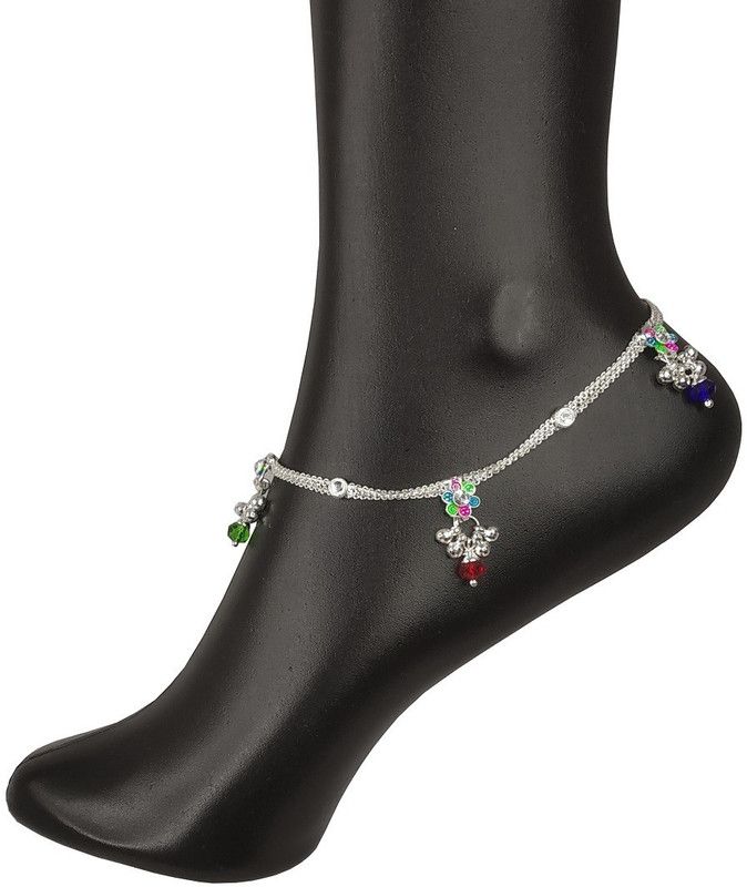 De-Ultimate (1 Pair) Silver Flower Nug Beaded Stone Payal/Pajeb Ghungroo Foot/Leg Chain Metal Anklet  (Pack of 2)