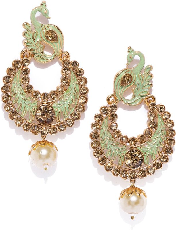 Fine Mint Peacock Gold Plated Chand Bali Earring for Women Pearl Alloy Chandbali Earring