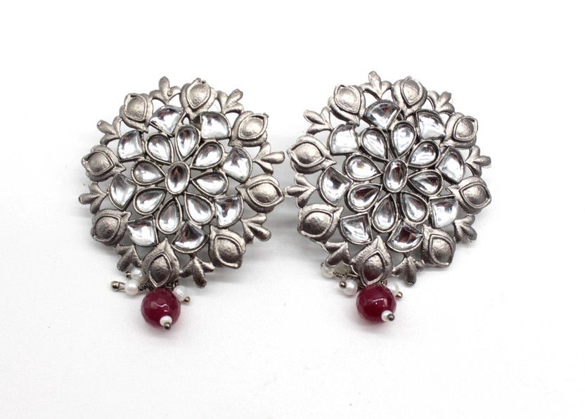 Big Studs In Black Oxidized With Kundan Charm Studs Brass Stud Earring